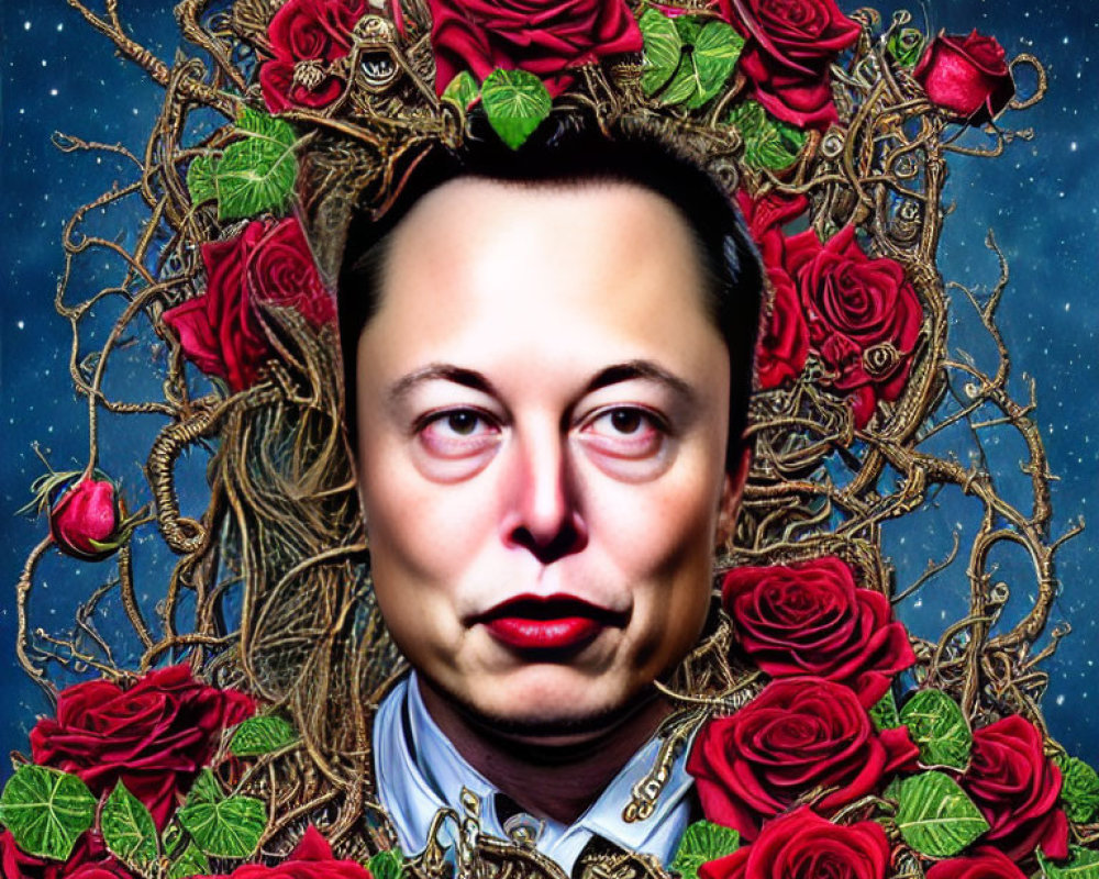 Stylized portrait of man with red lips, roses, and golden patterns on starry backdrop