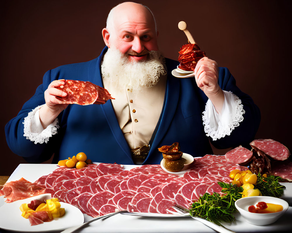 Bearded man in blue jacket with salami slice and assorted meats on dark background