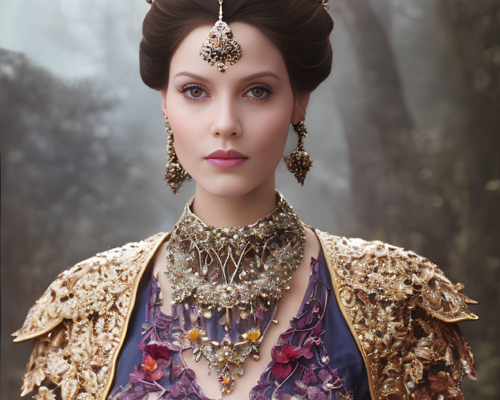 Regal woman in ornate attire in misty woodland