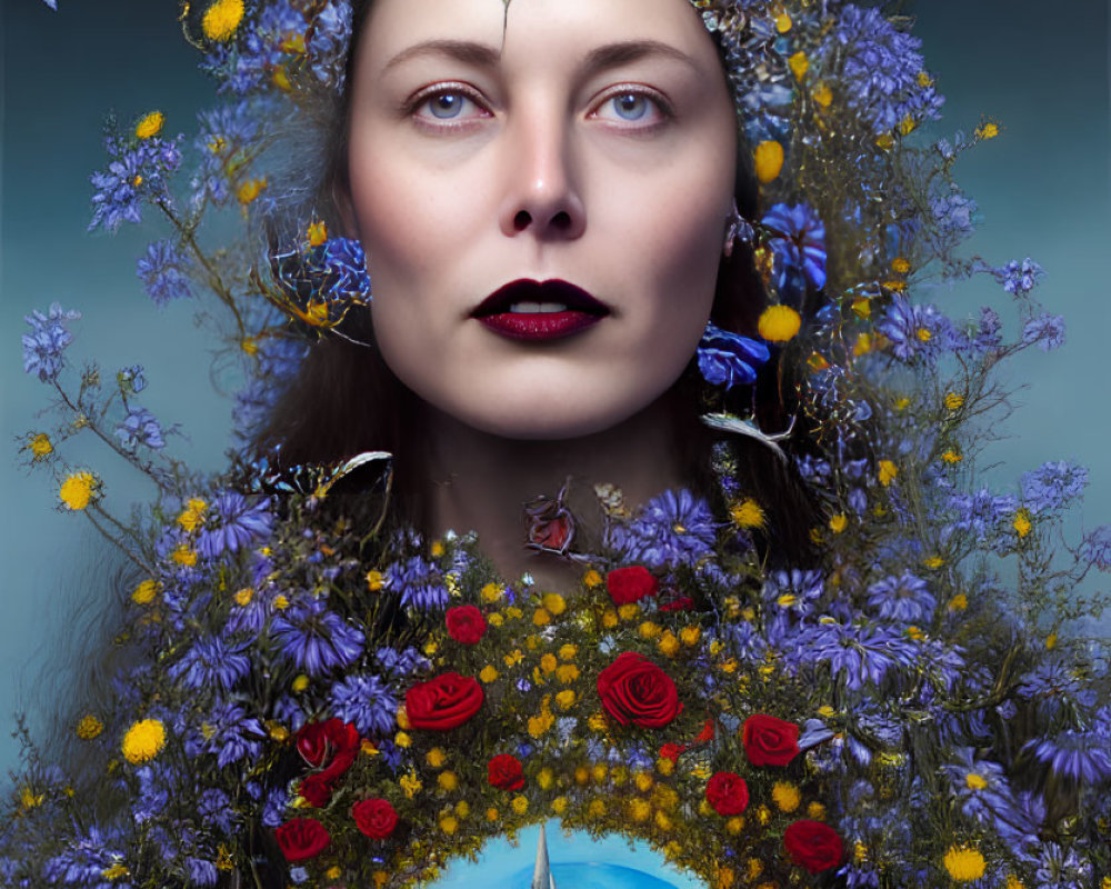 Woman adorned with floral headpiece and earrings near fantasy castle.