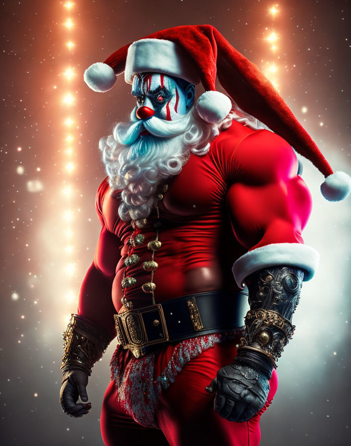 Muscular Santa Claus costume with blue-painted face and intense gaze