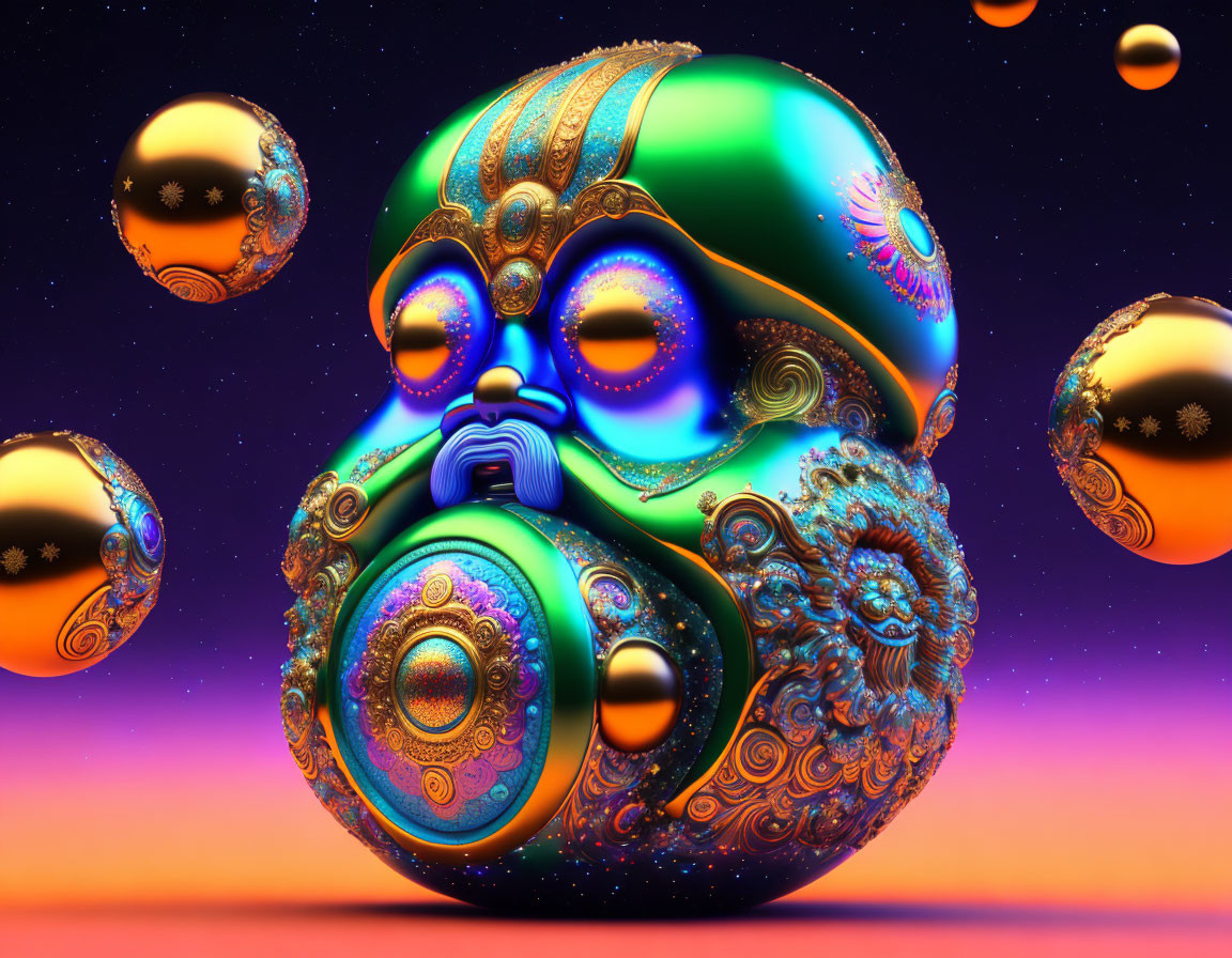 Colorful surreal mask-like object against cosmic backdrop