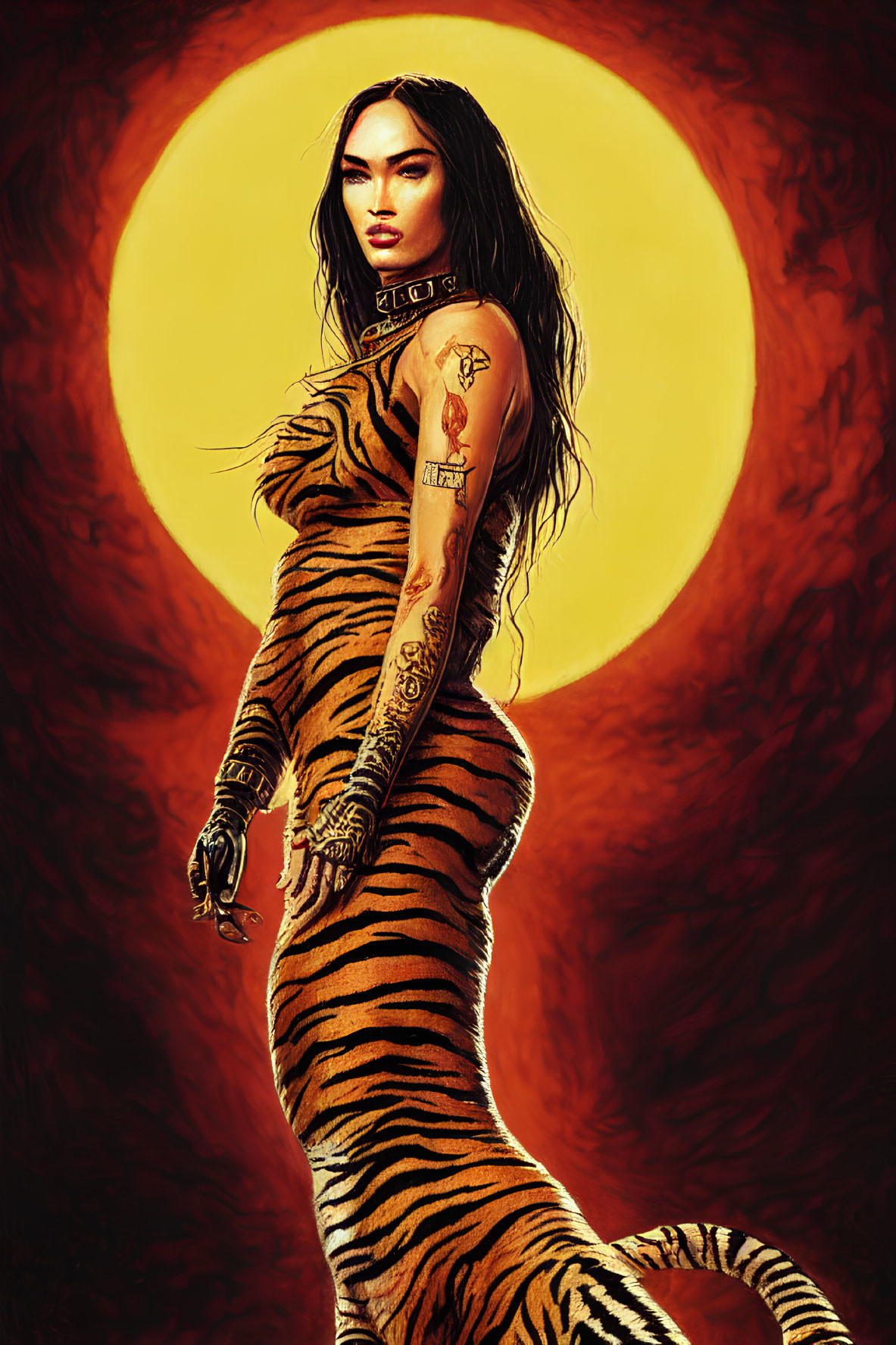 Digital artwork: Woman with tiger features, tattoos, and striking eyes under full moon