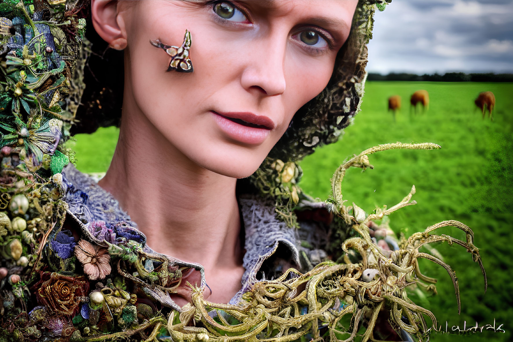 Woman with Blue Eyes in Nature-Inspired Headpiece