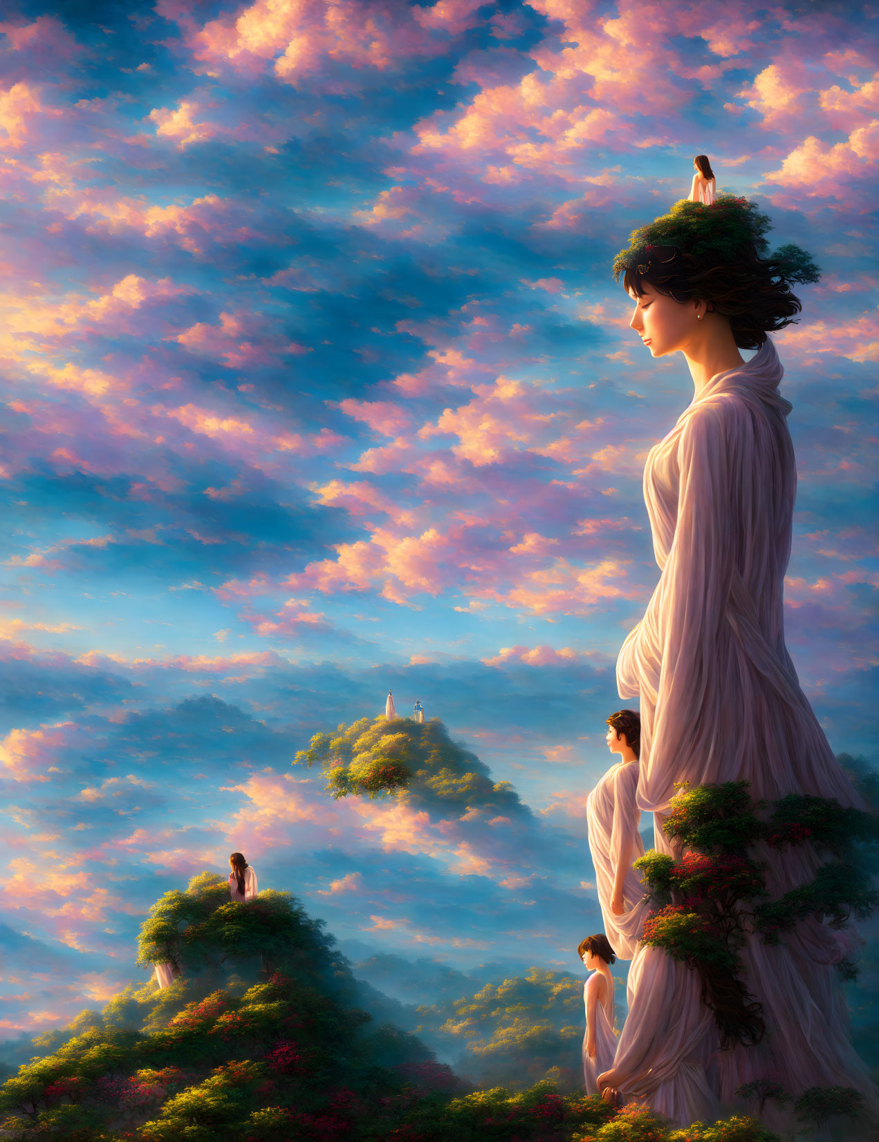 Surreal landscape with hill-like figures and woman adorned with trees and clouds