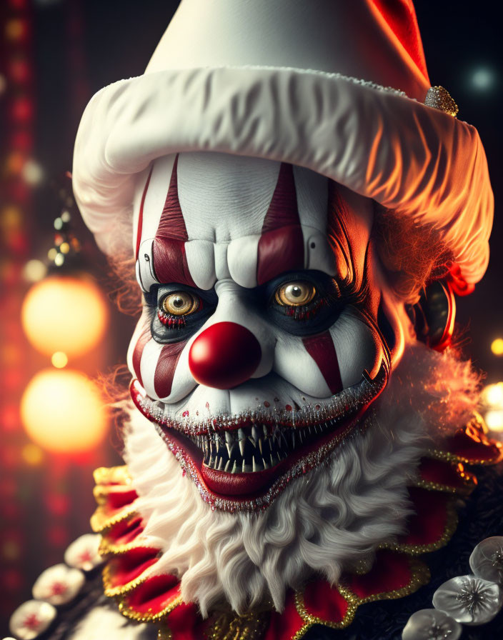 Detailed Clown Portrait with White Hat and Sinister Makeup on Bokeh Light Background