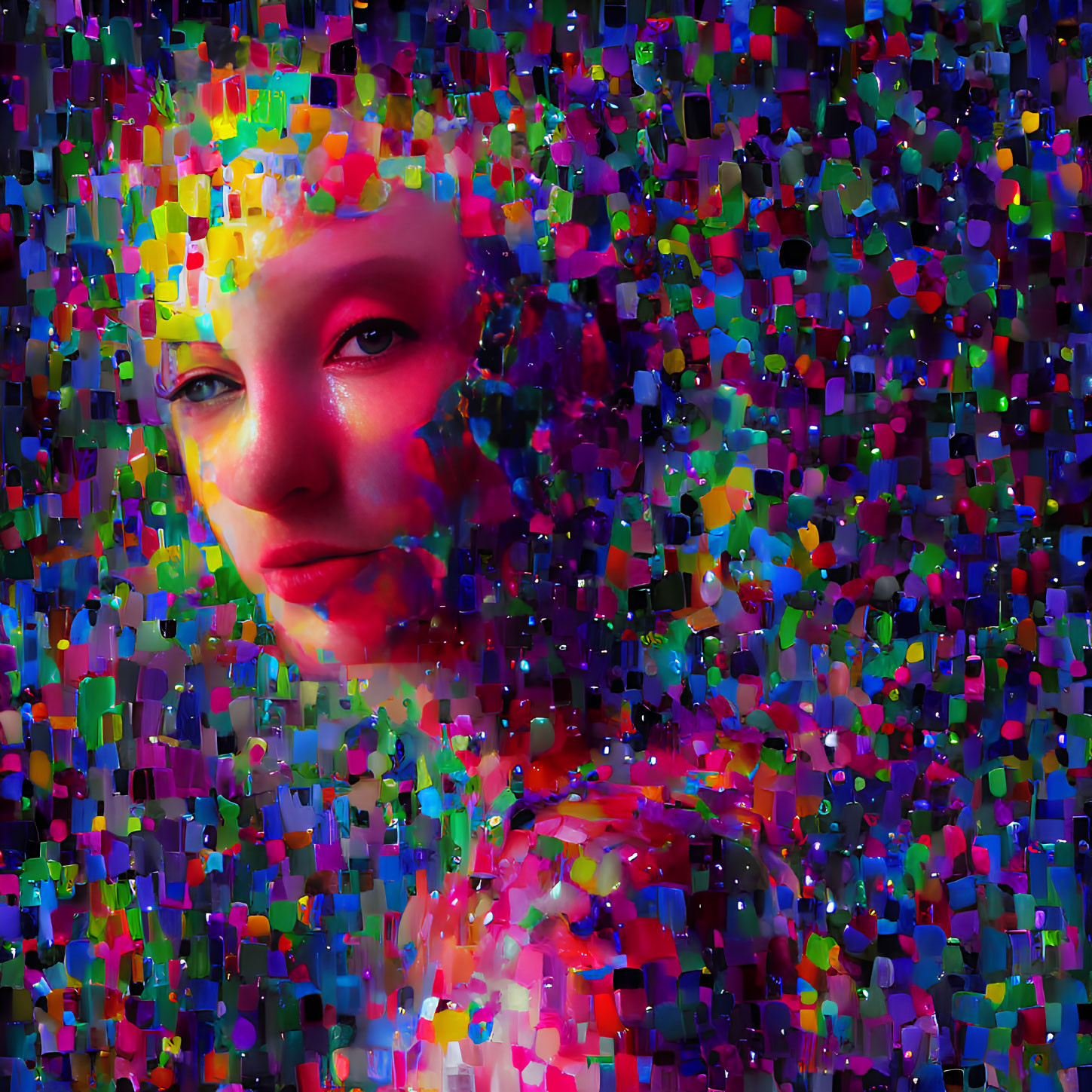 Vibrant digital portrait of a woman with mosaic effect