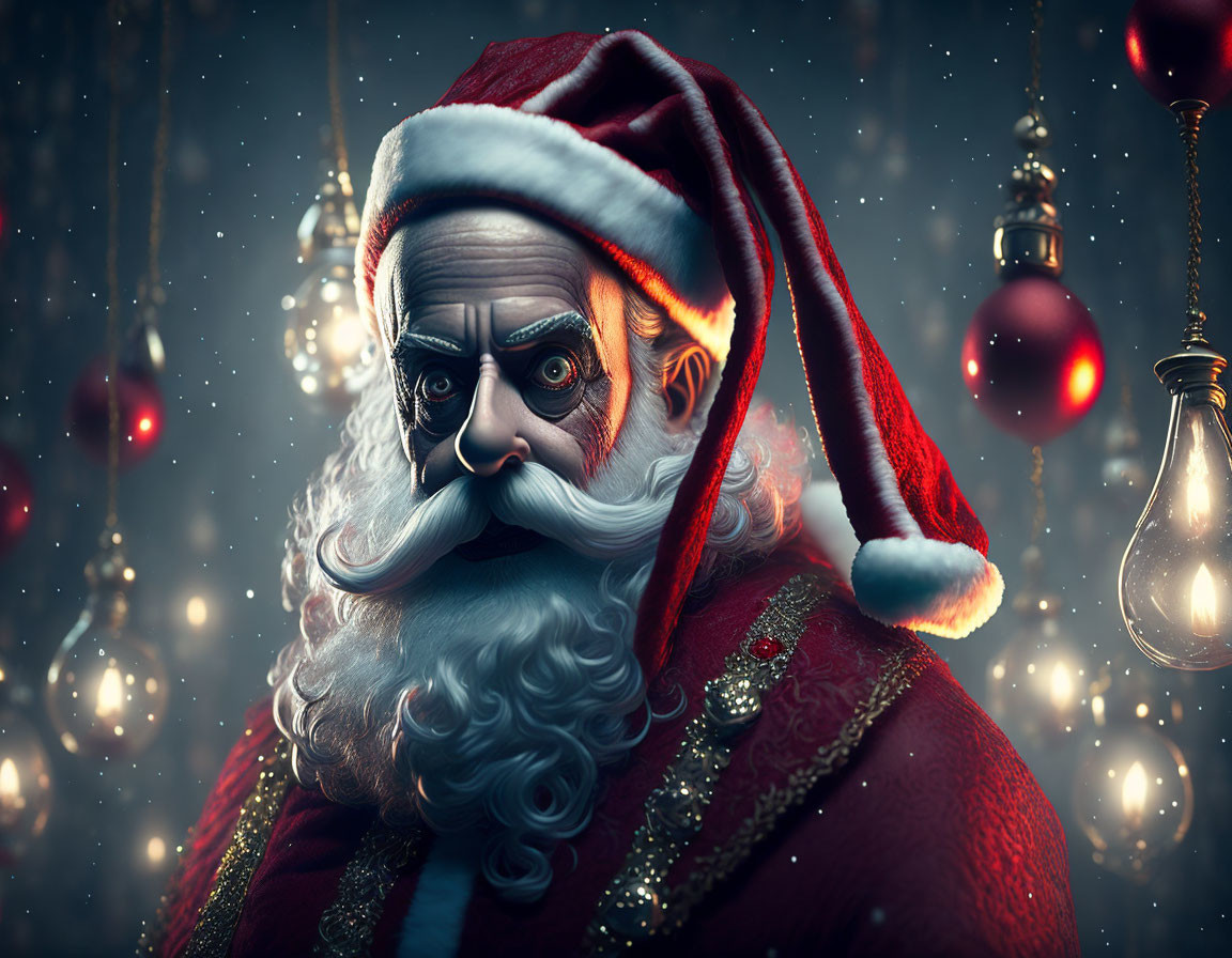 Detailed Santa Claus illustration with white beard, red suit, and glowing Christmas lights.