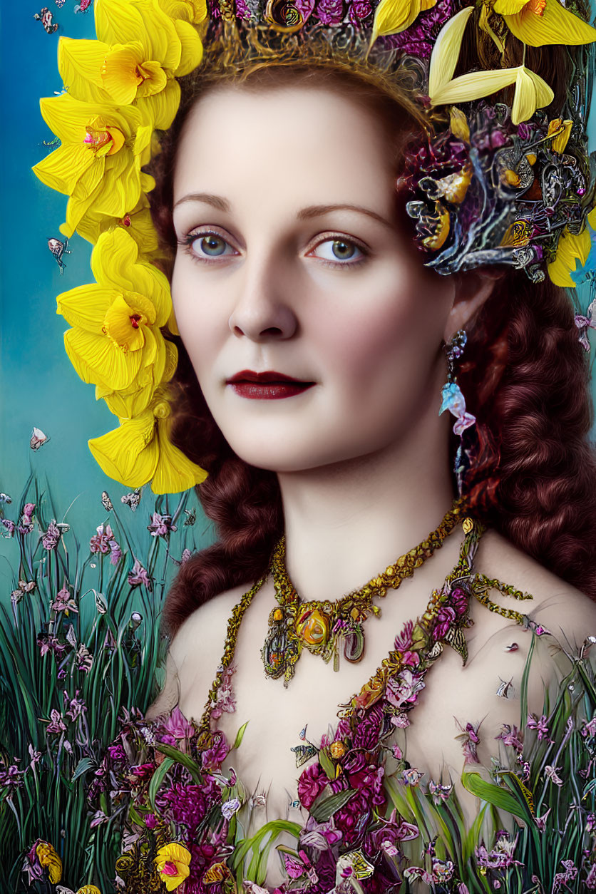 Woman adorned with yellow flowers and jewelry wearing a decorative mask.