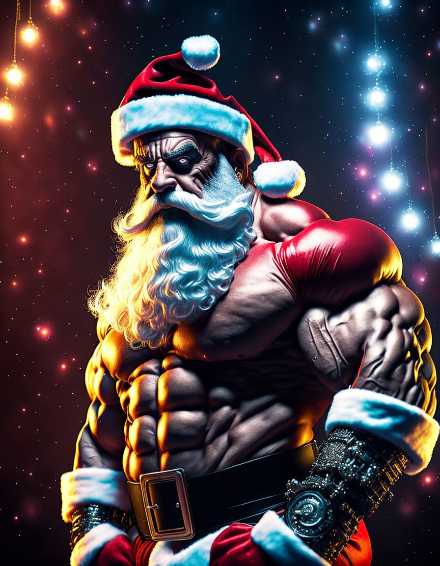 Muscular Santa Claus with bulging biceps against cosmic backdrop