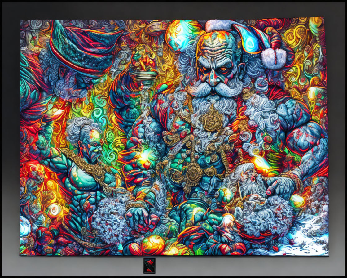 Colorful muscular character with white beard in vibrant art piece surrounded by swirls and abstract patterns