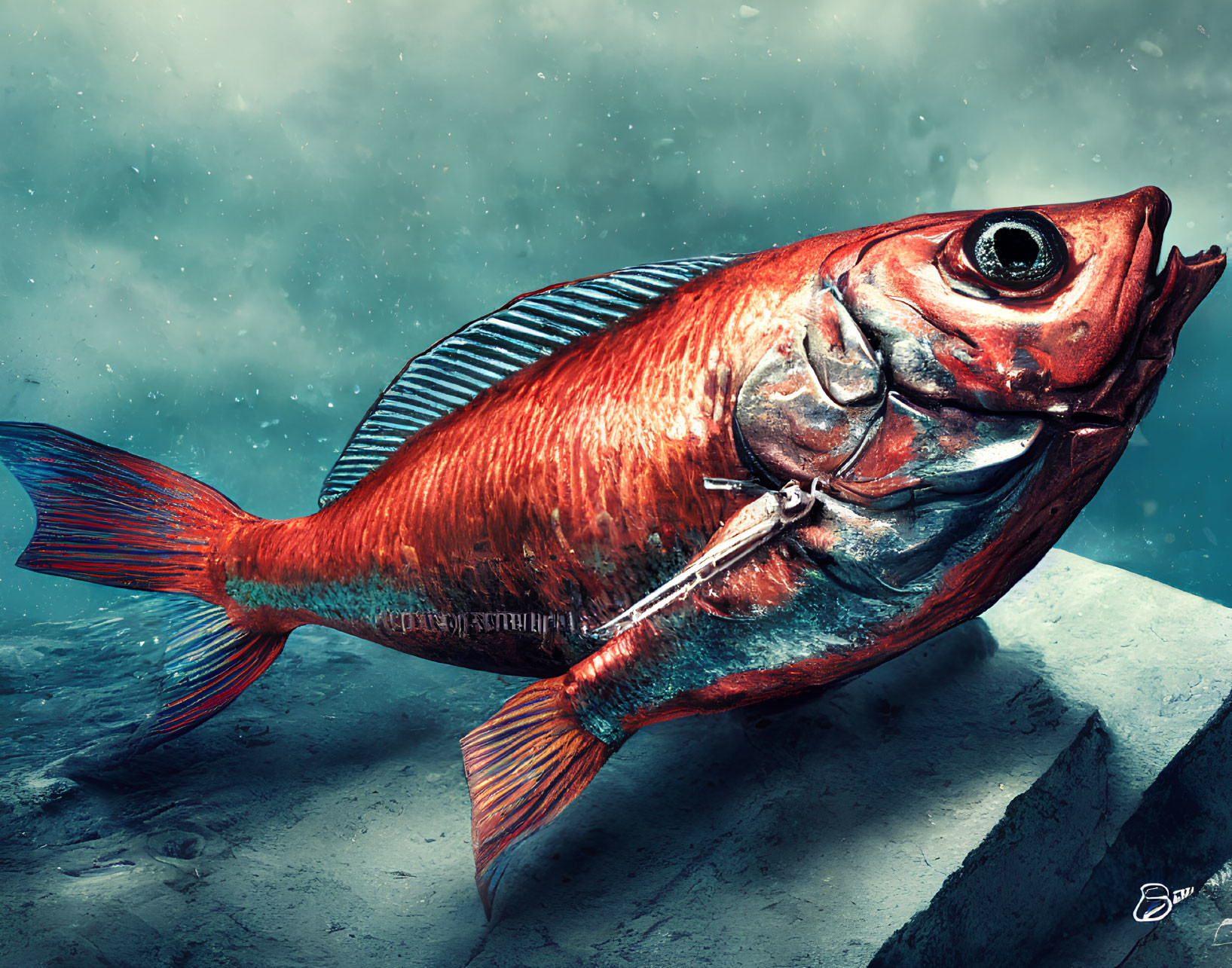 Detailed Red Fish Artwork on Rocky Surface with Blue Background