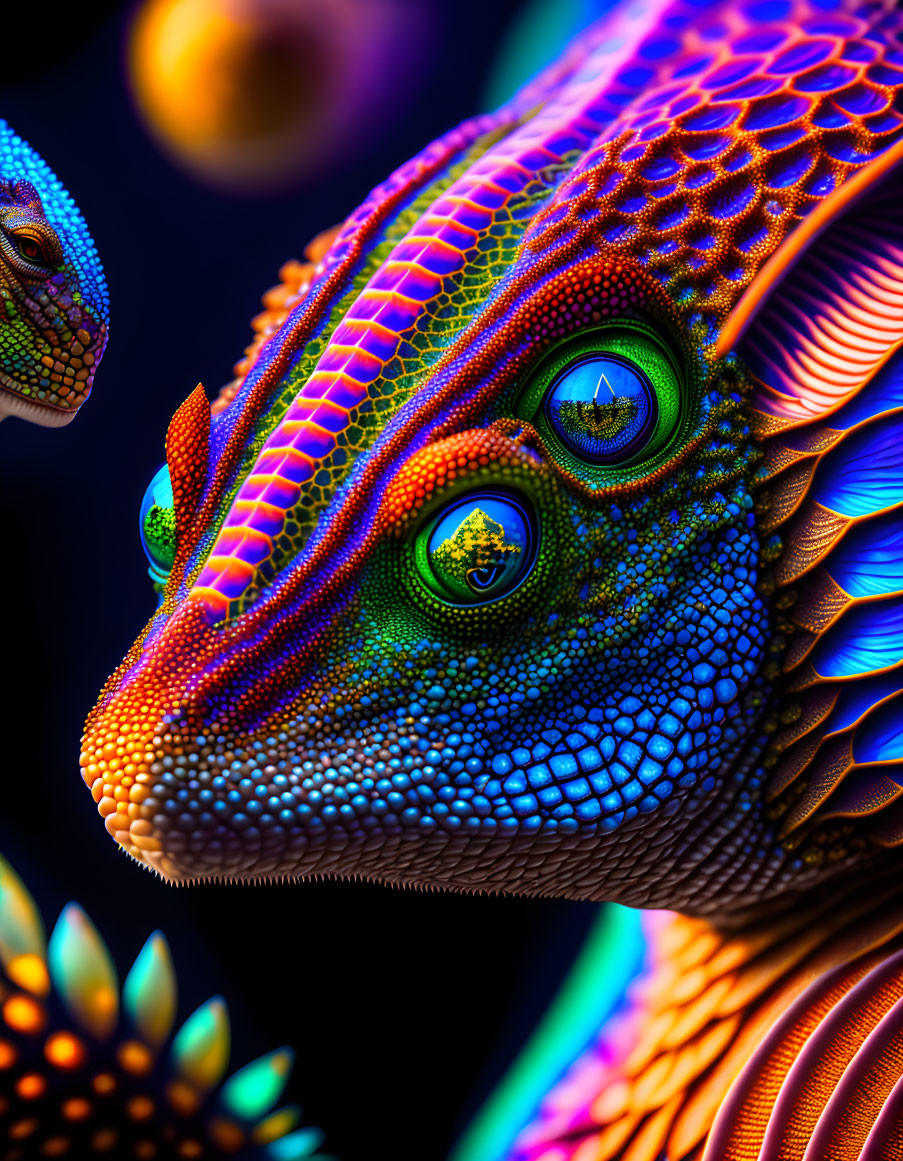 Colorful Chameleon Close-Up with Swirling Eyes and Unique Scales