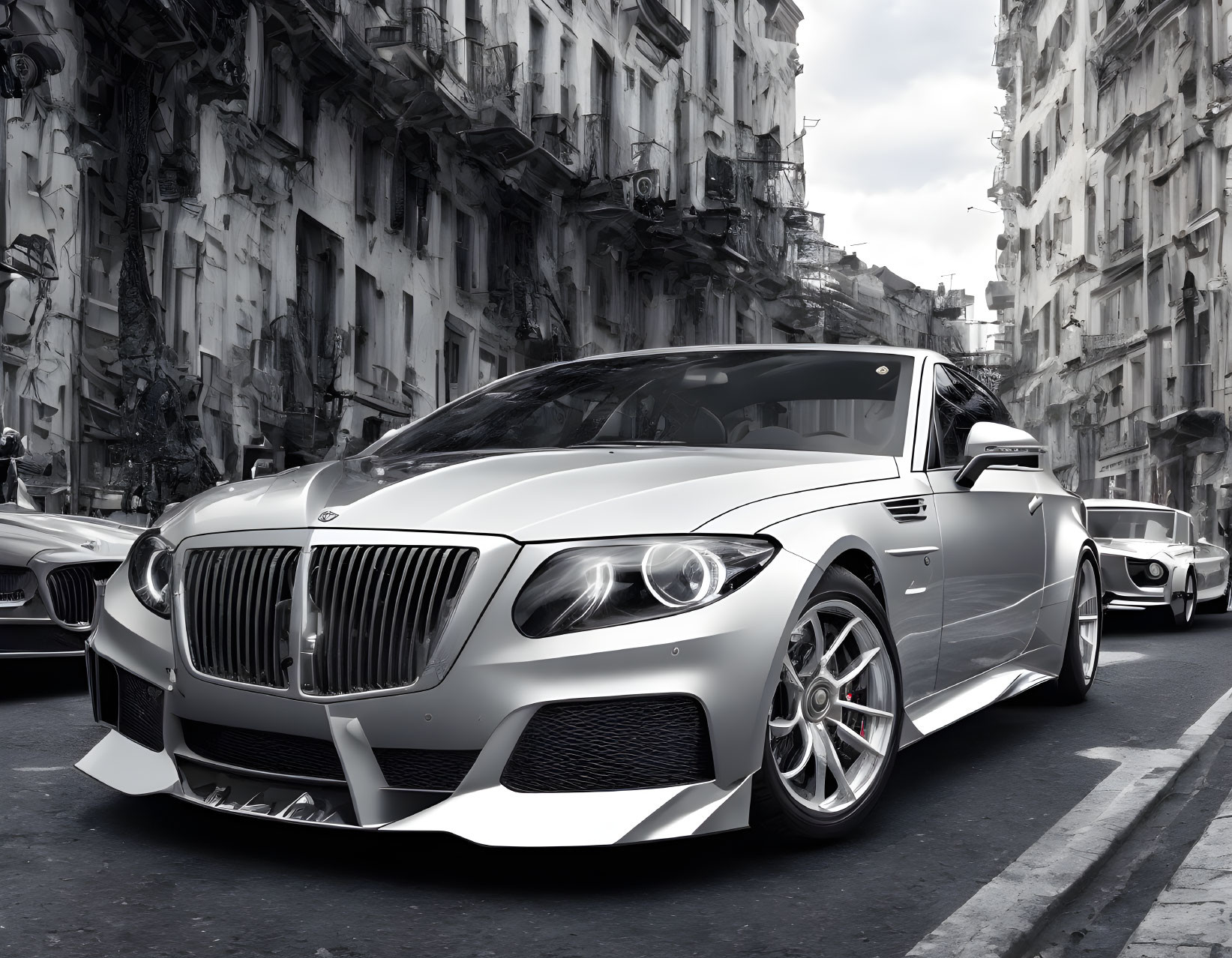 Luxury Silver Sedan Parked on Urban Street with Classic Architecture