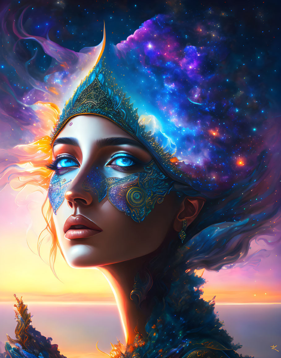 Surreal portrait of woman with cosmic makeup and headpiece