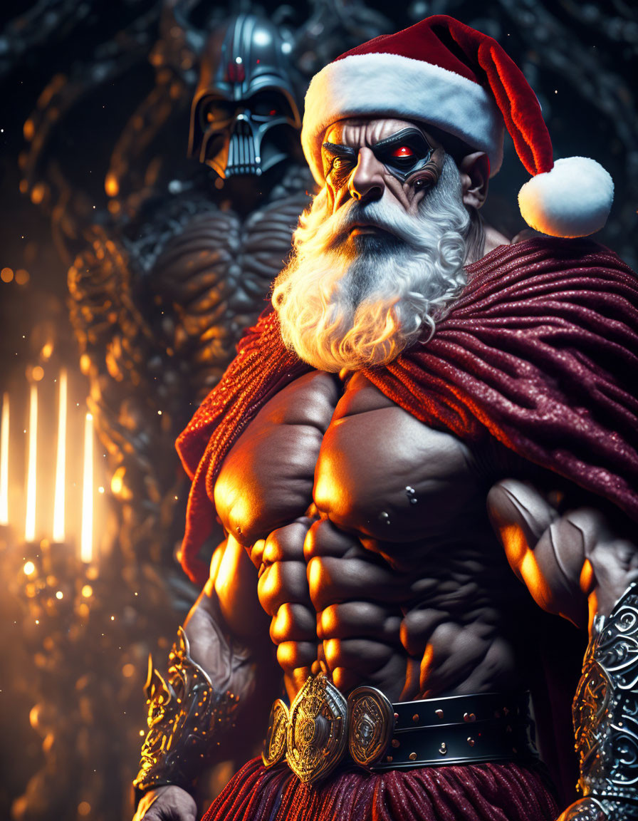 Muscular Santa Claus in red hat and cape against fiery fantasy backdrop