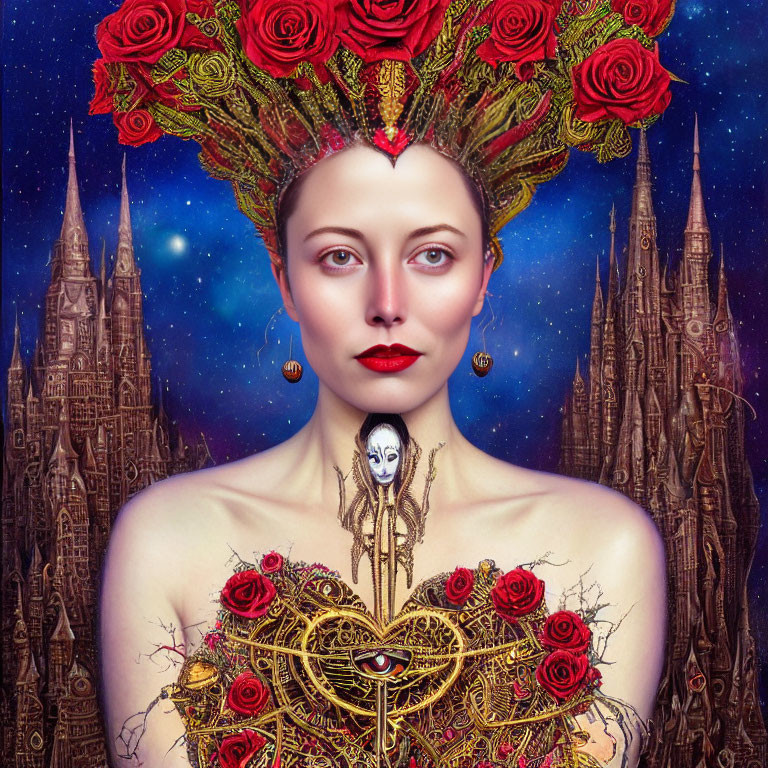 Woman in ornate headpiece and red roses on golden dress against blue starry sky and spire