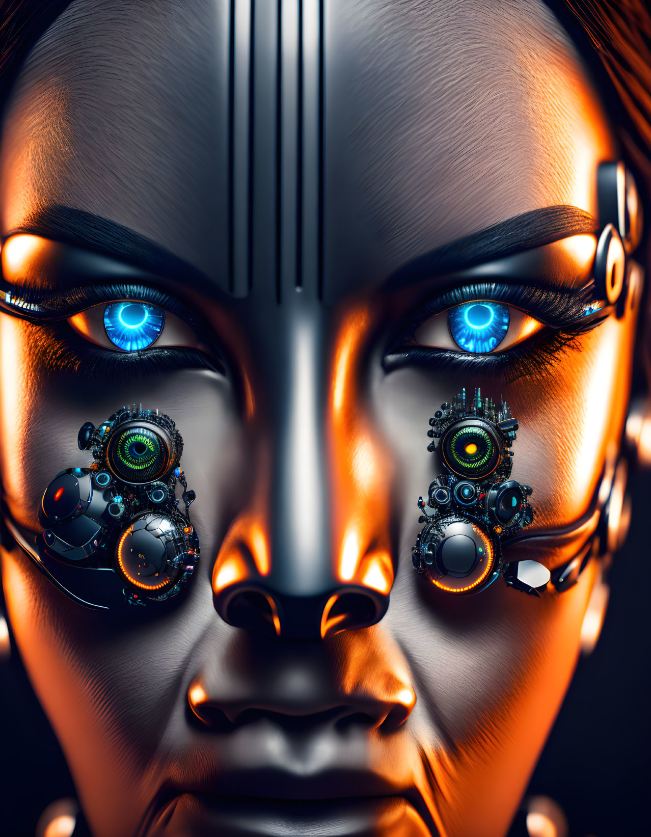 Detailed Futuristic Android Face with Glowing Blue Mechanical Eyes