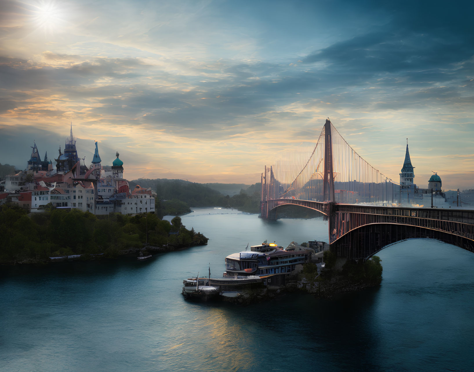 Suspension bridge over river with castle, trees, and sun