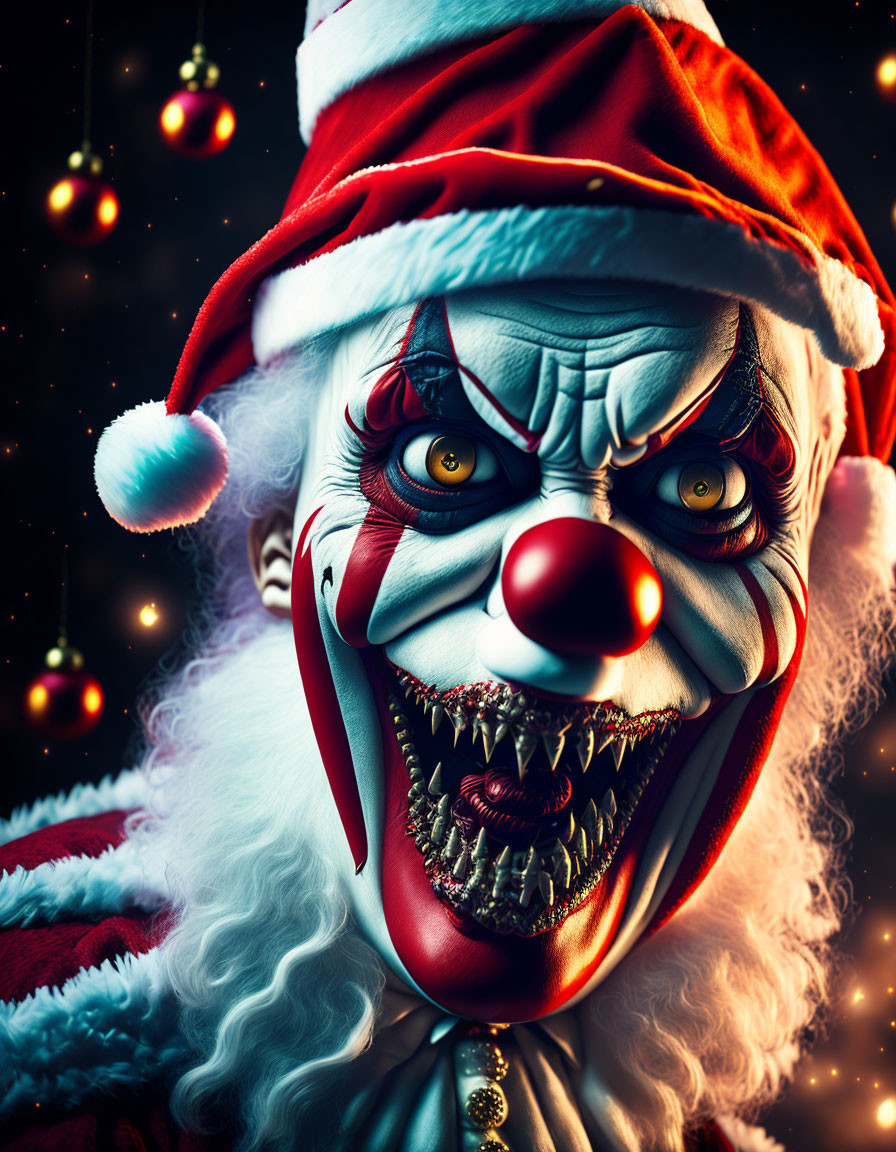 Creepy clown in Santa costume with sharp teeth and Christmas decor