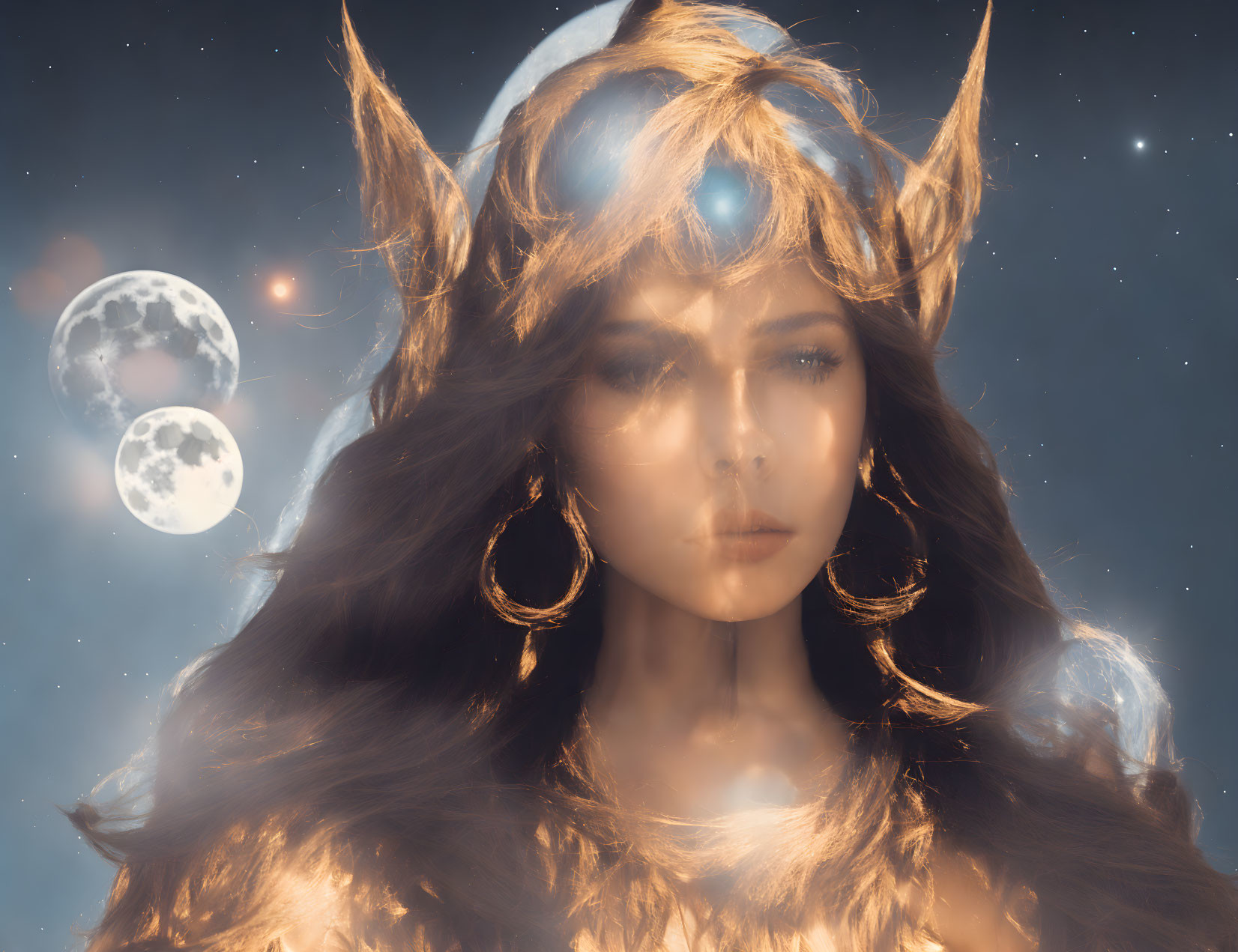 Mystical woman with horns and celestial orb in starry sky