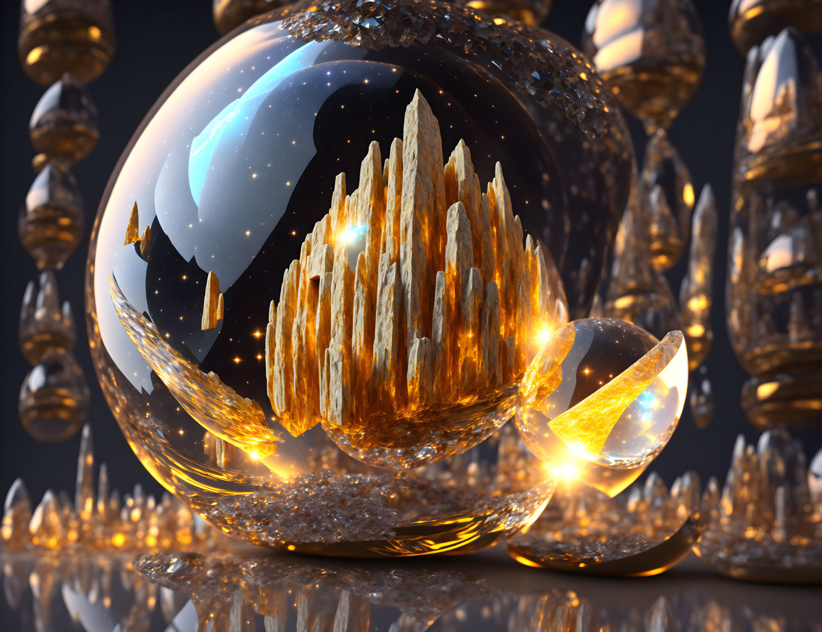 Digitally rendered scene with translucent orbs and golden crystal-like formations