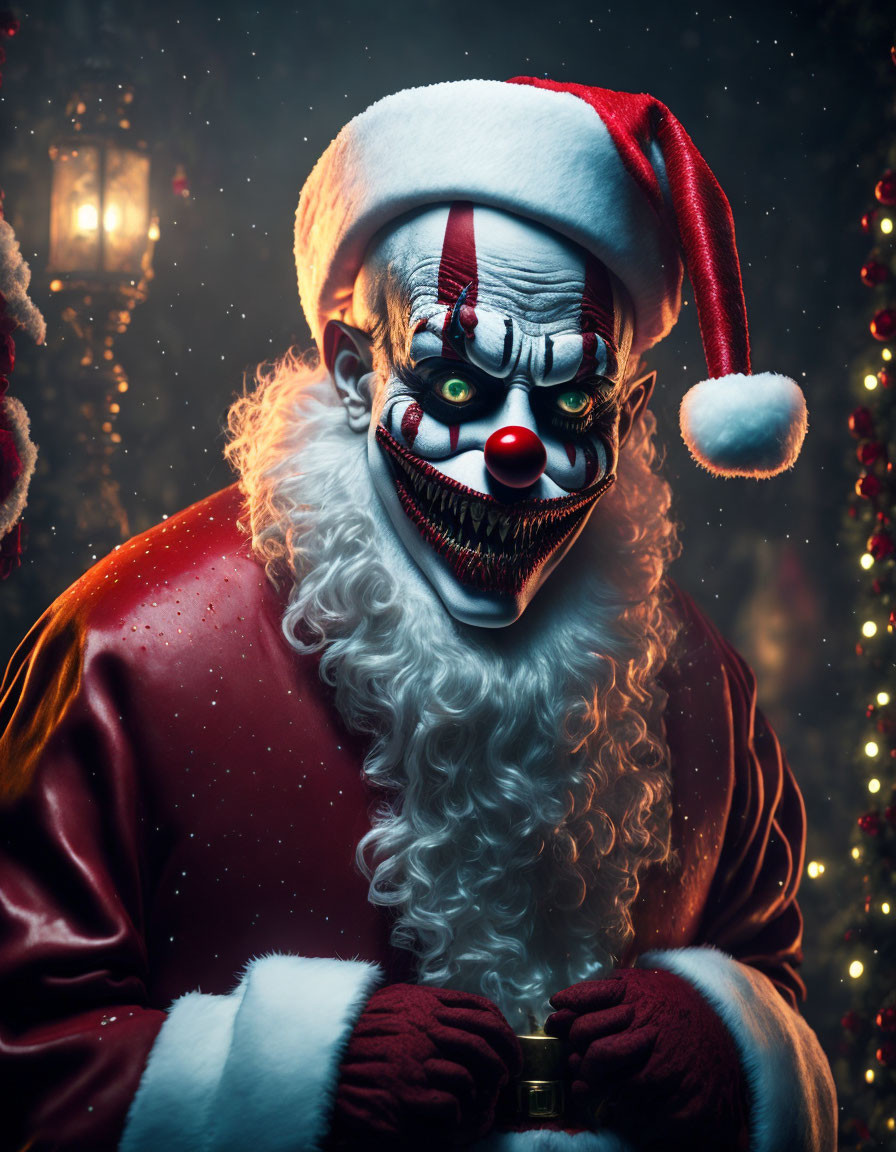 Creepy Santa Clown with Red Nose and Sharp Teeth in Festive Setting