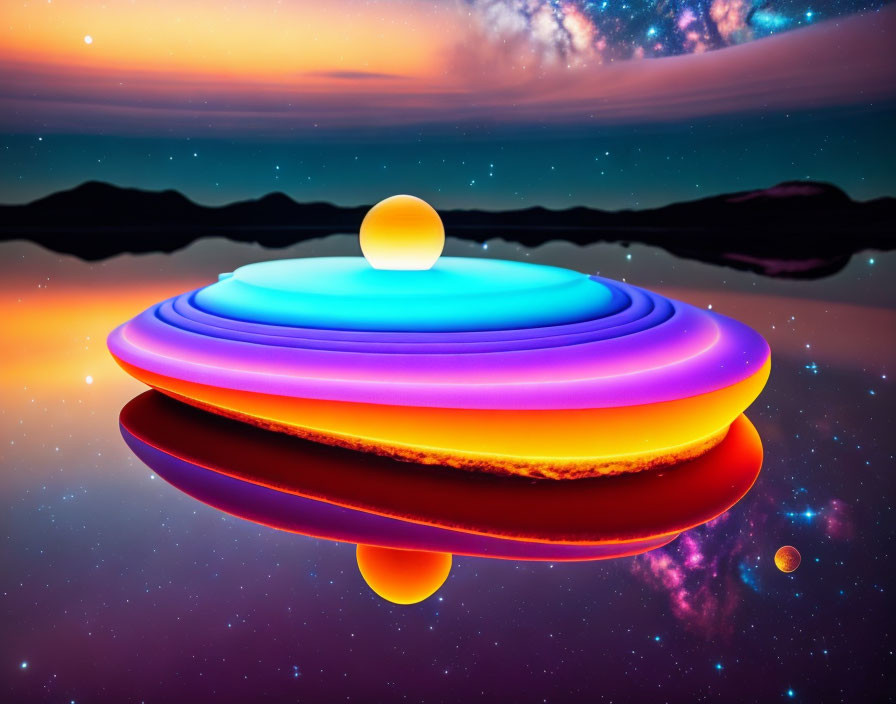 Colorful UFO-like object over reflective water at twilight