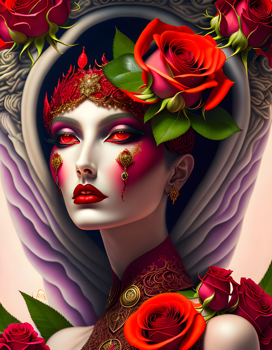 Illustrated portrait of woman with red roses and gold jewelry on pale background