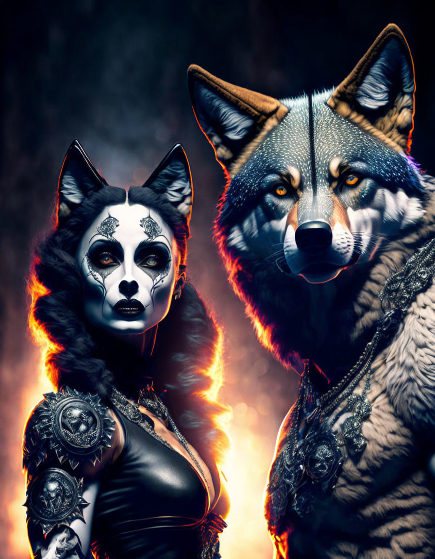 Mystical figures in wolf masks and ornate costumes under dramatic lighting