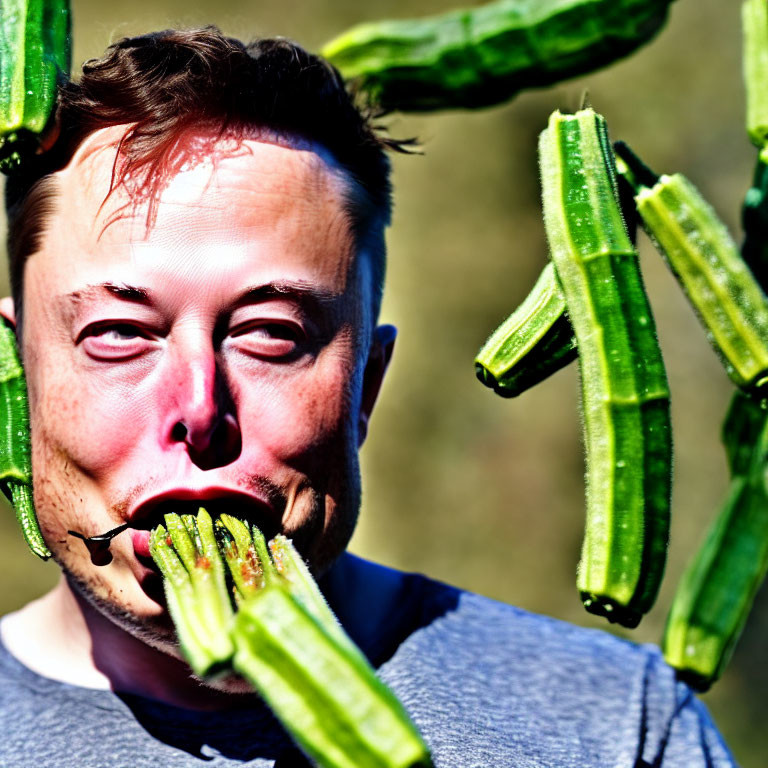 Surprised person with okra pods in background.