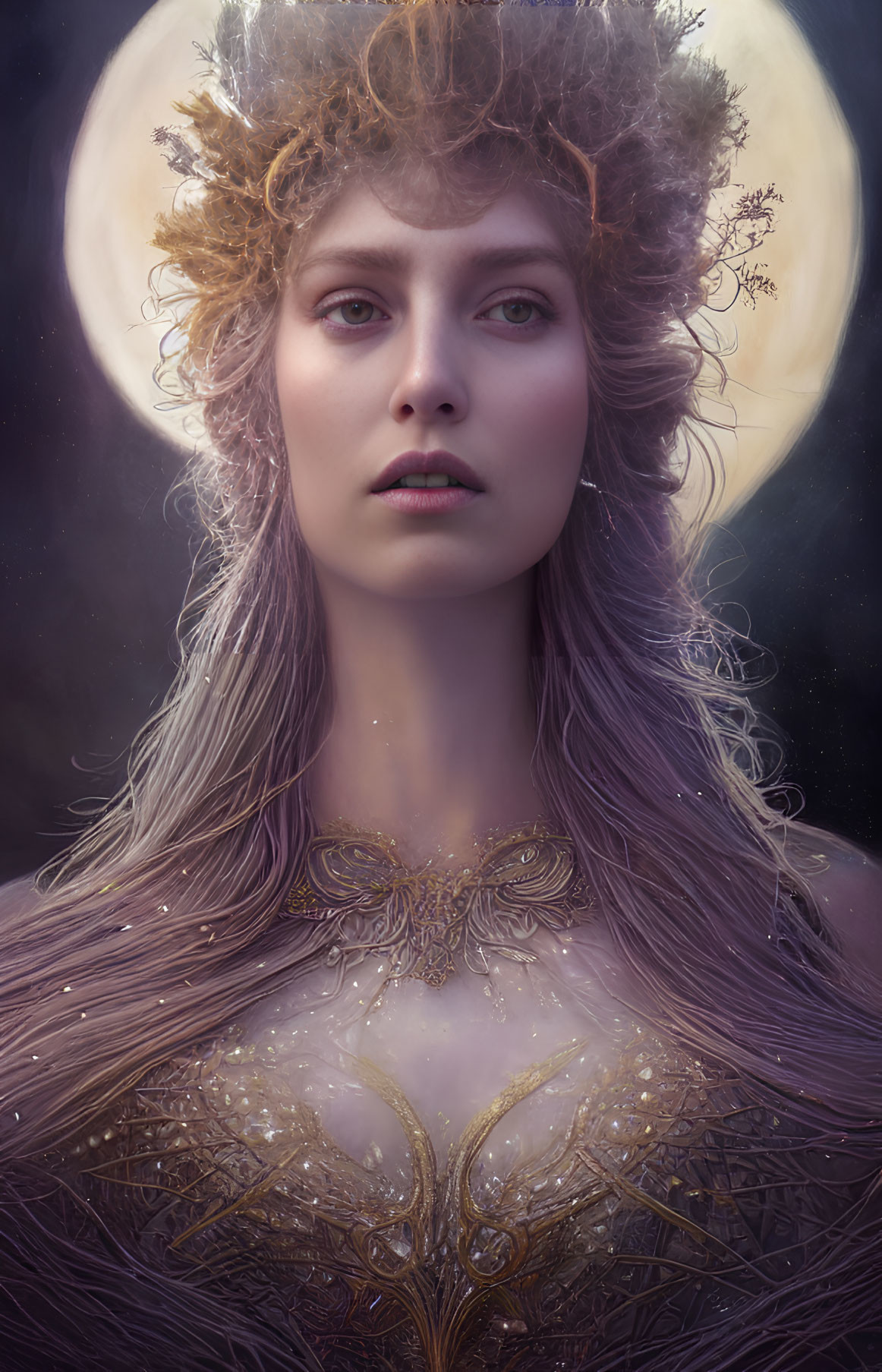 Fantasy woman portrait with gold jewelry, halo crown, and glowing moon.