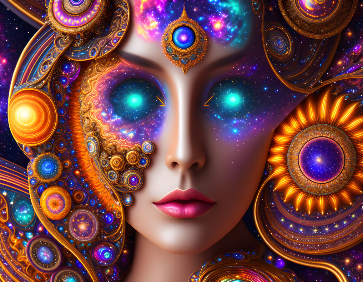 Illustration of woman with cosmic features and celestial patterns.