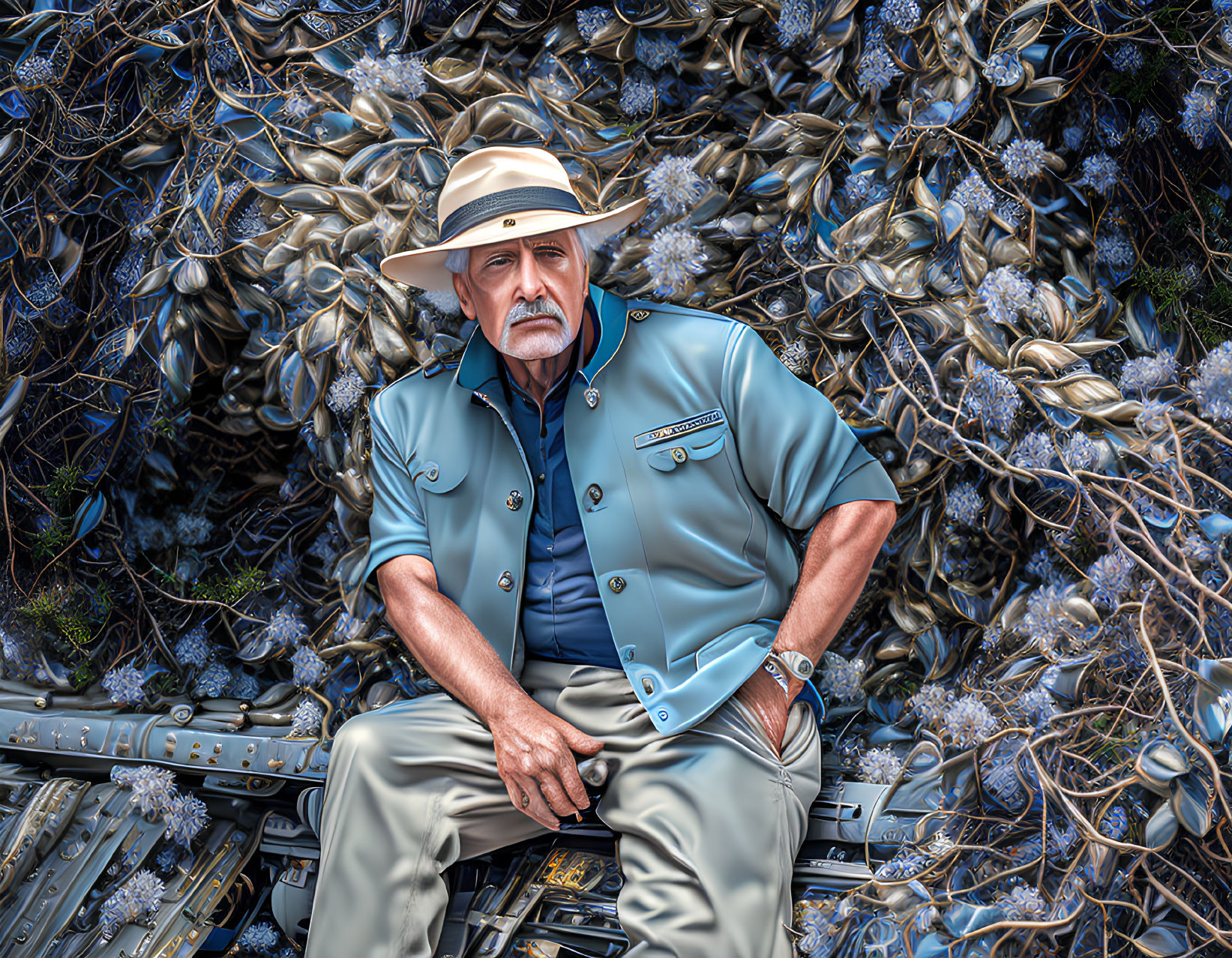 Man in Tan Hat and Blue Shirt Surrounded by Blue Flowers