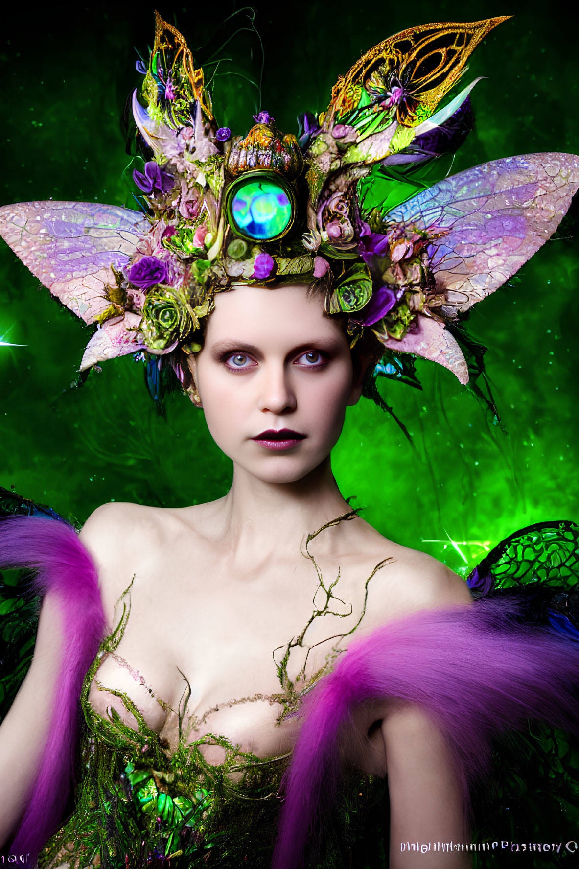 Woman with fantasy headdress and vibrant makeup on green background