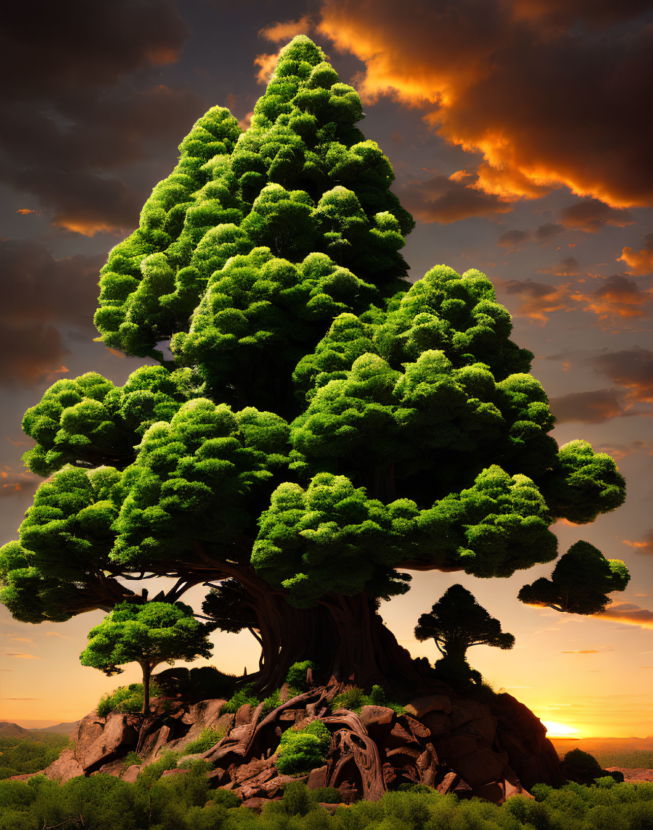 Majestic lone tree with thick trunk and lush green canopy against dramatic sunset sky