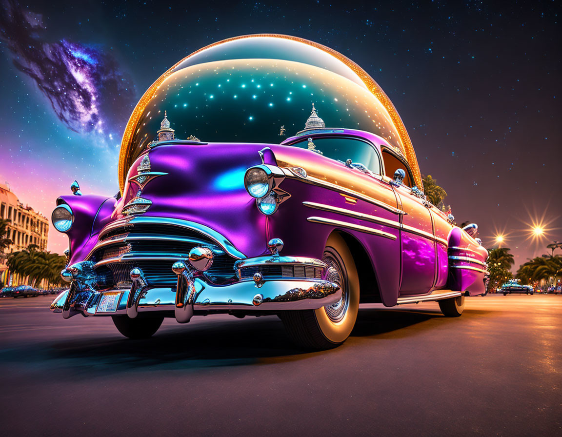 Purple classic car under twilight sky with galaxy, stars, palm trees.