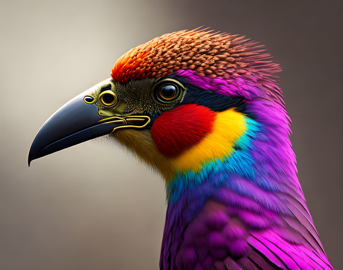 Vibrant bird illustration with rainbow palette and intricate feather texture