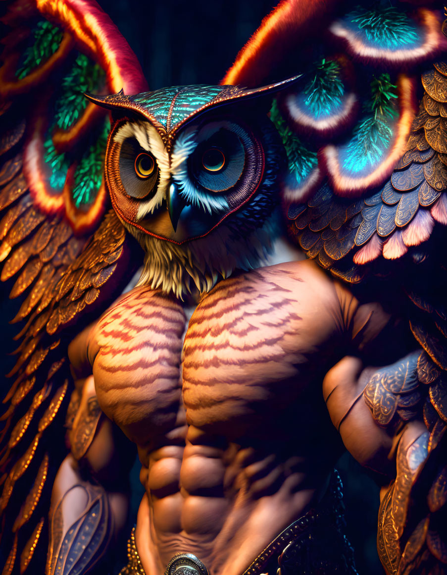 Mythical creature with owl head, human body, and feathered wings