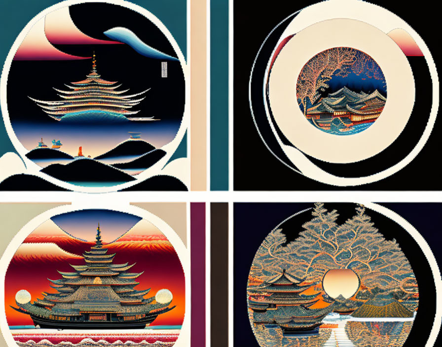 Geometric Japanese scenes with pagodas and nature in varied colors