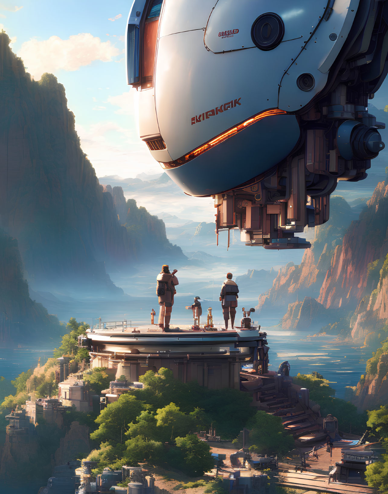 Three people observe futuristic spacecraft near canyon.