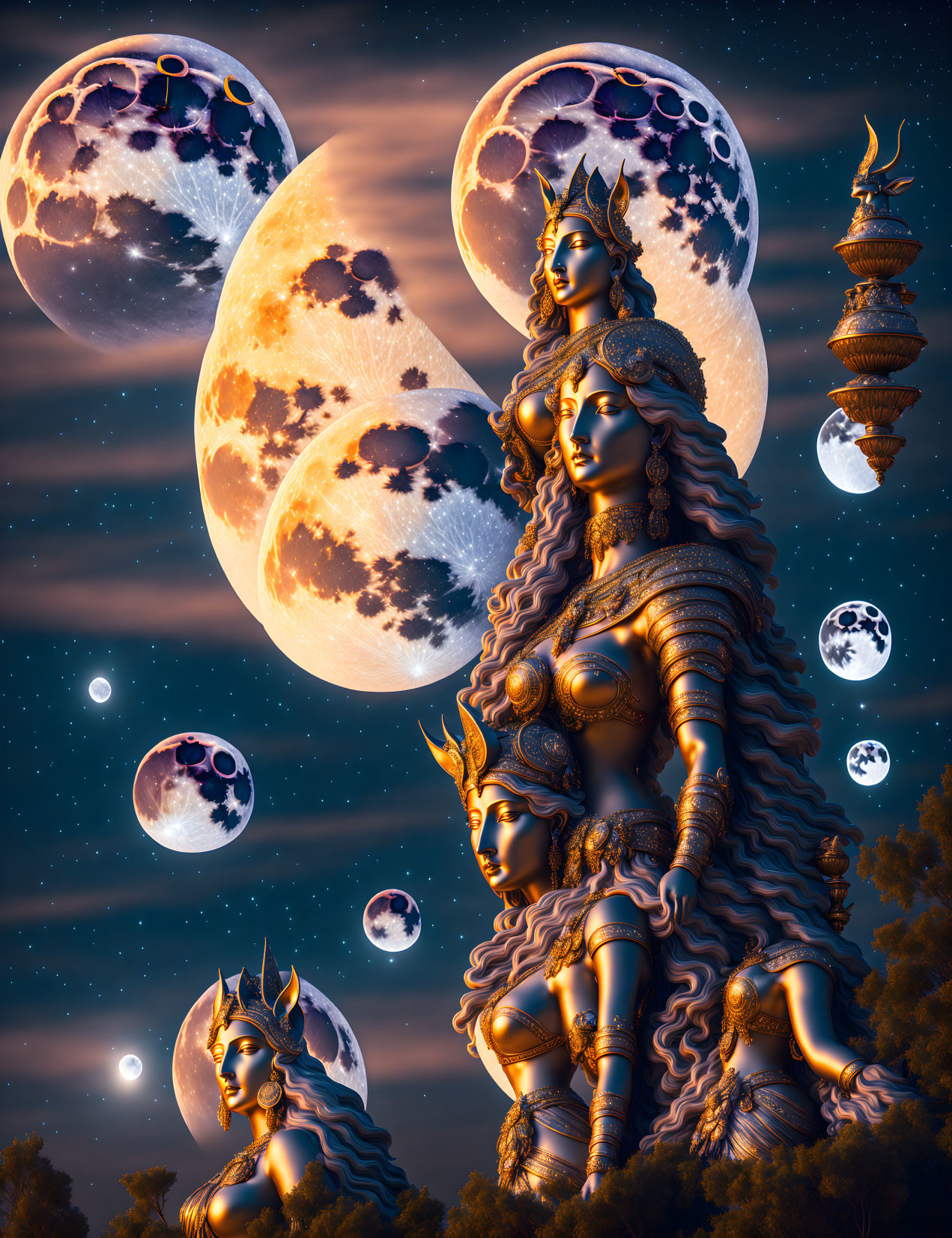 Surreal multi-headed figure with ornate headdresses and moons