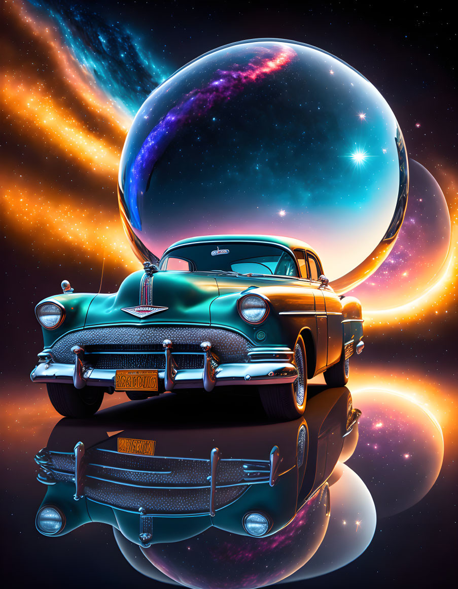 Classic Car with Reflective Bubble on Cosmic Starry Background