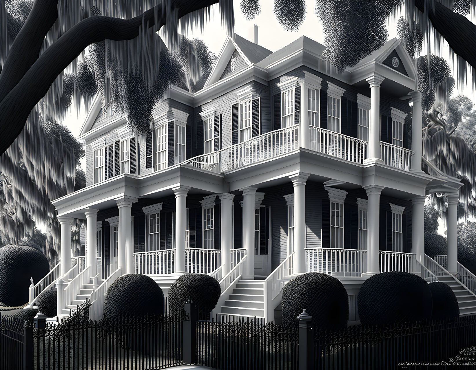 Monochrome illustration of a stately two-story house with columns in a nocturnal setting