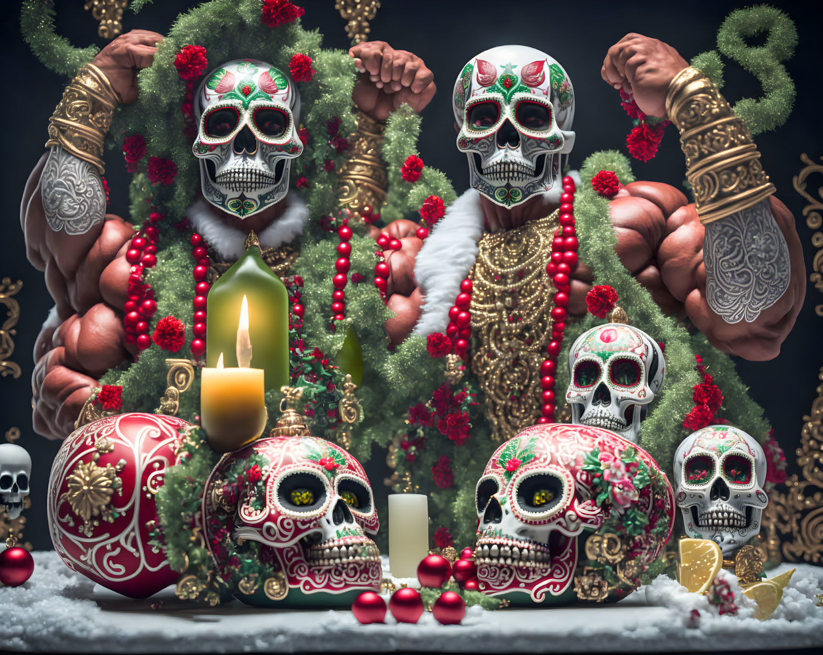 Muscular figures with skull makeup in Christmas setting