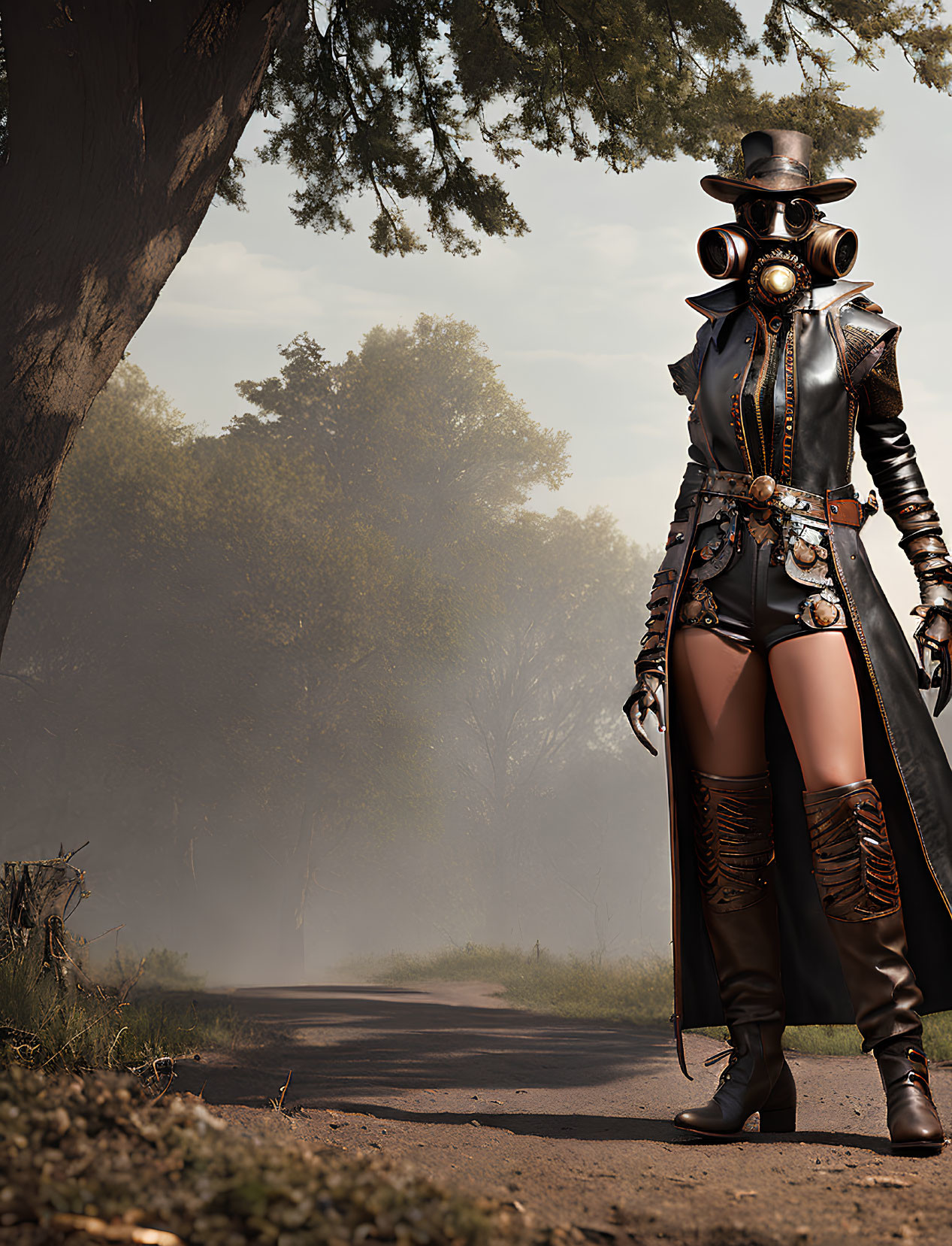 Steampunk-inspired person with top hat and goggles on dusty road