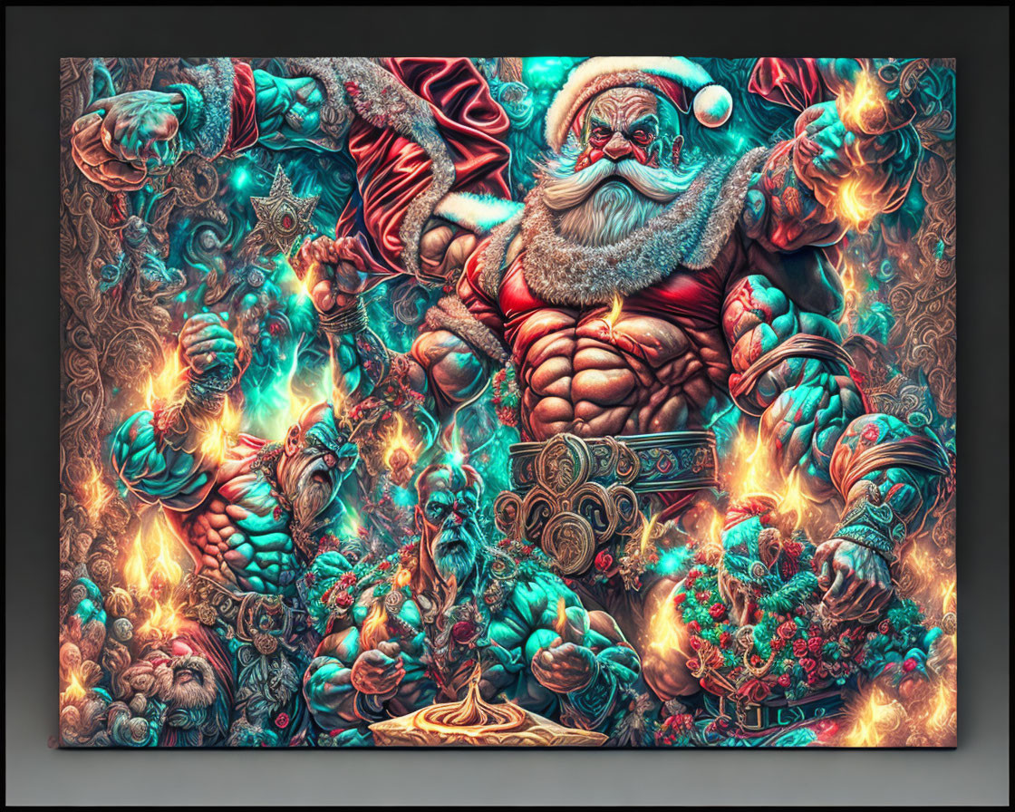 Muscular Santa Claus in vibrant fantasy art.