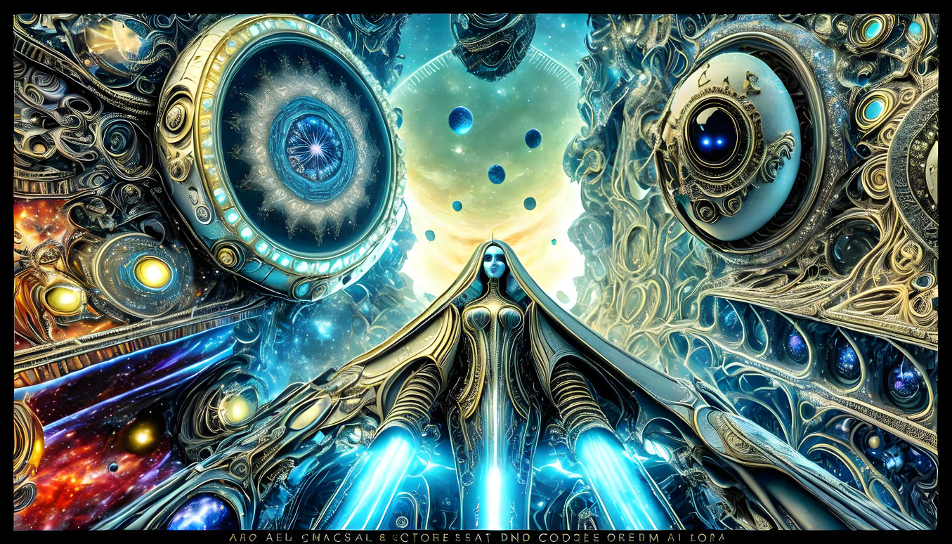 Futuristic digital art: organic and mechanical elements with celestial bodies