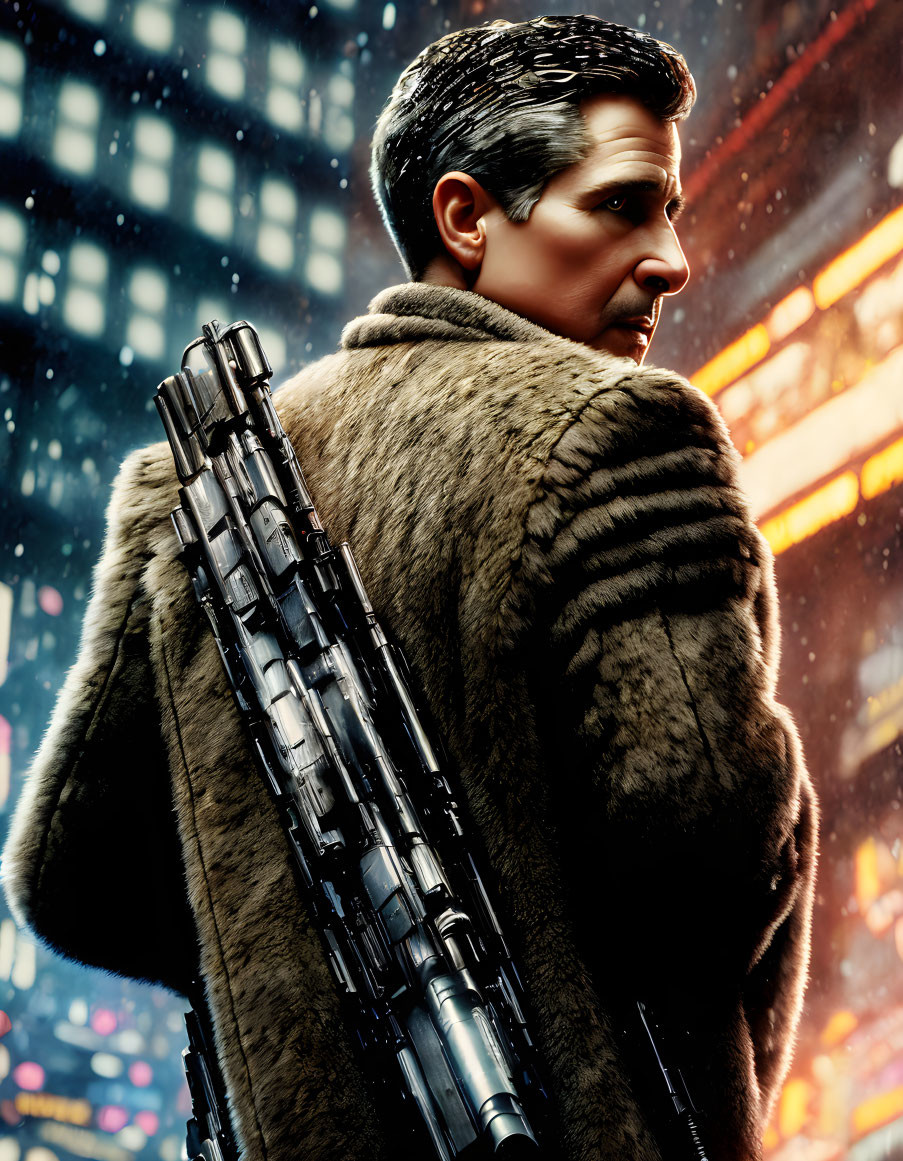 Grey-Haired Man in Fur Coat with Futuristic Rifle in Neon Cityscape