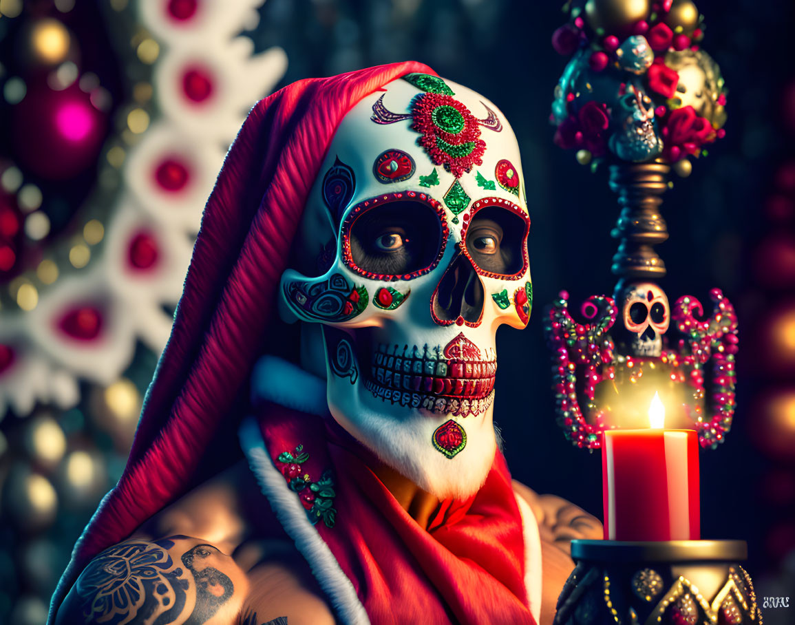 Skull-faced person with tattoos in Santa hat by Christmas decor.